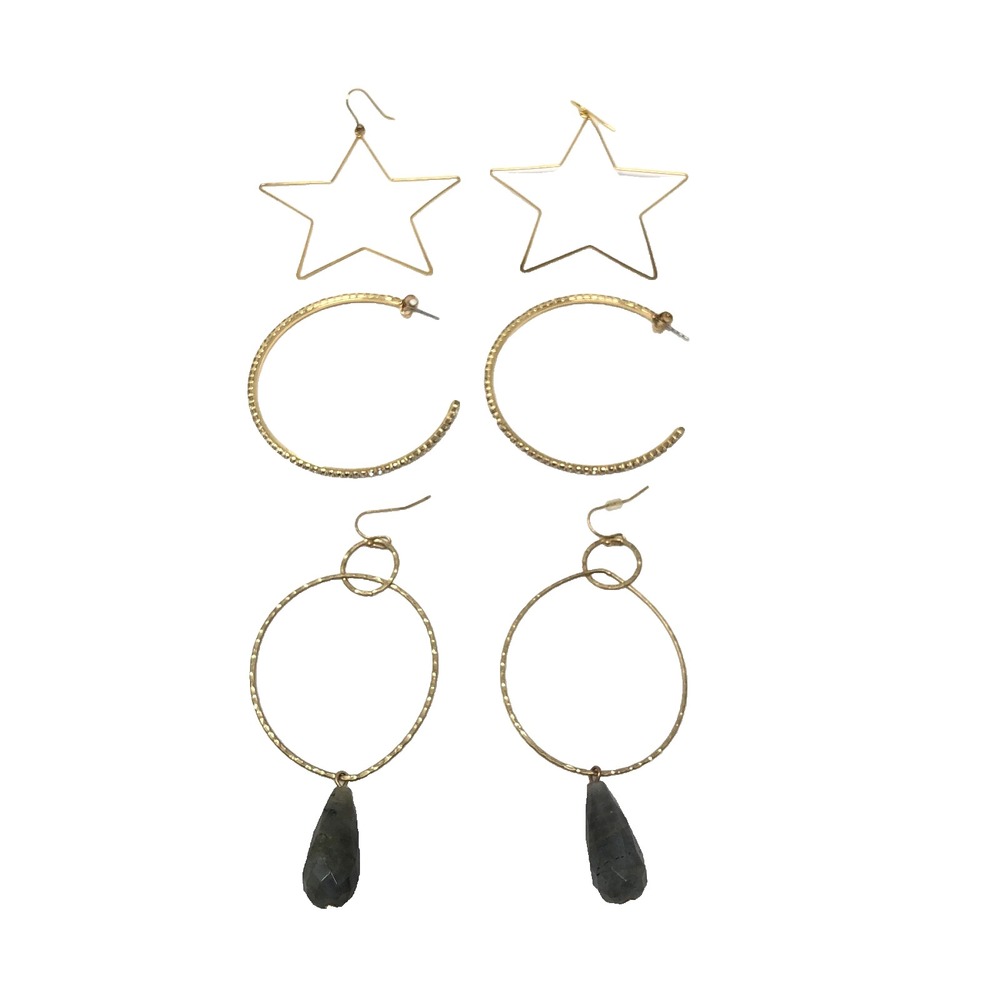Dangle Hoop Earring Lot Star Oval Teardrop Stone Rhinestone Gold Tone